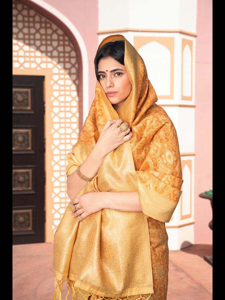 Yellow Color Ikkat Cotton Ikkat Silk Saree with Zari Woven