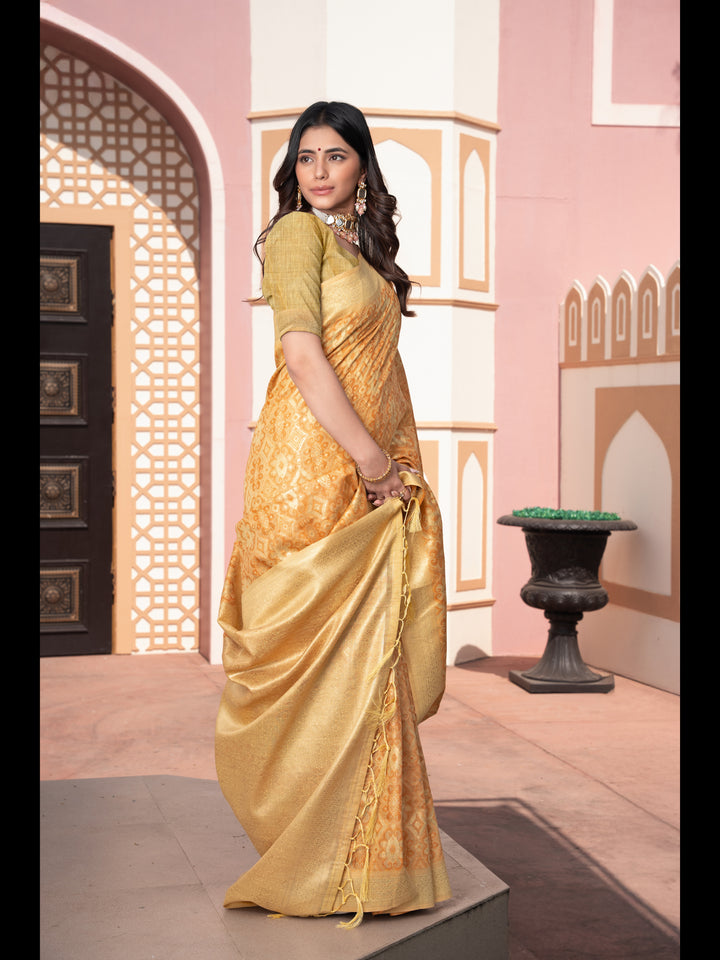 Yellow Color Ikkat Cotton Ikkat Silk Saree with Zari Woven