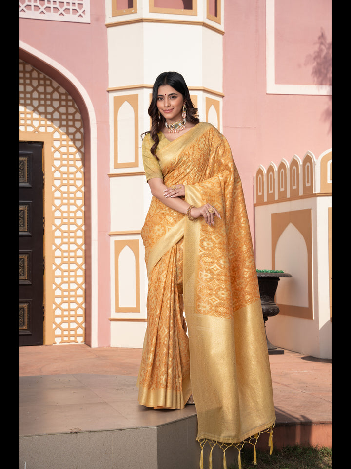 Yellow Color Ikkat Cotton Ikkat Silk Saree with Zari Woven