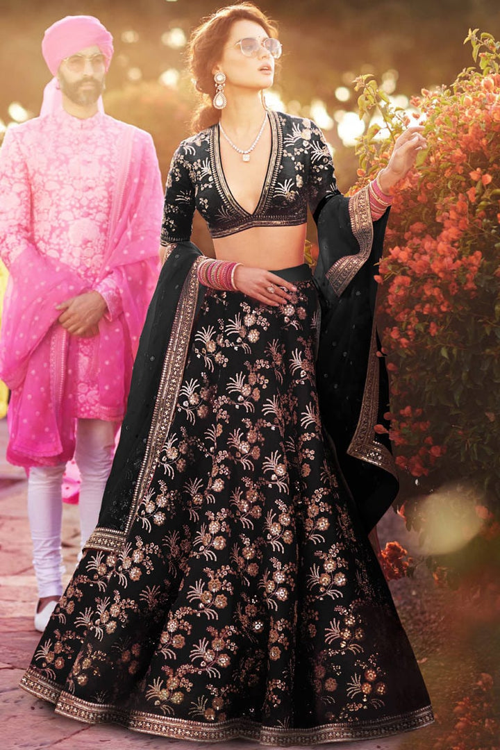 Black Color Thai Silk With Zari And Sequins Embroiderey Work Lehenga Choli