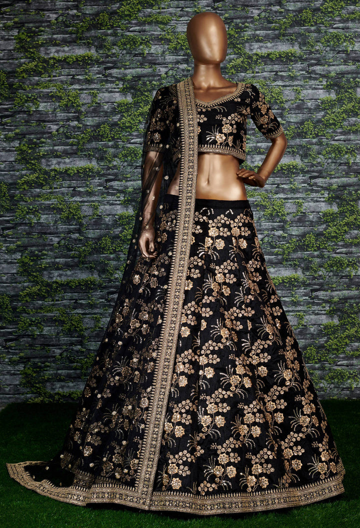 Black Color Thai Silk With Zari And Sequins Embroiderey Work Lehenga Choli