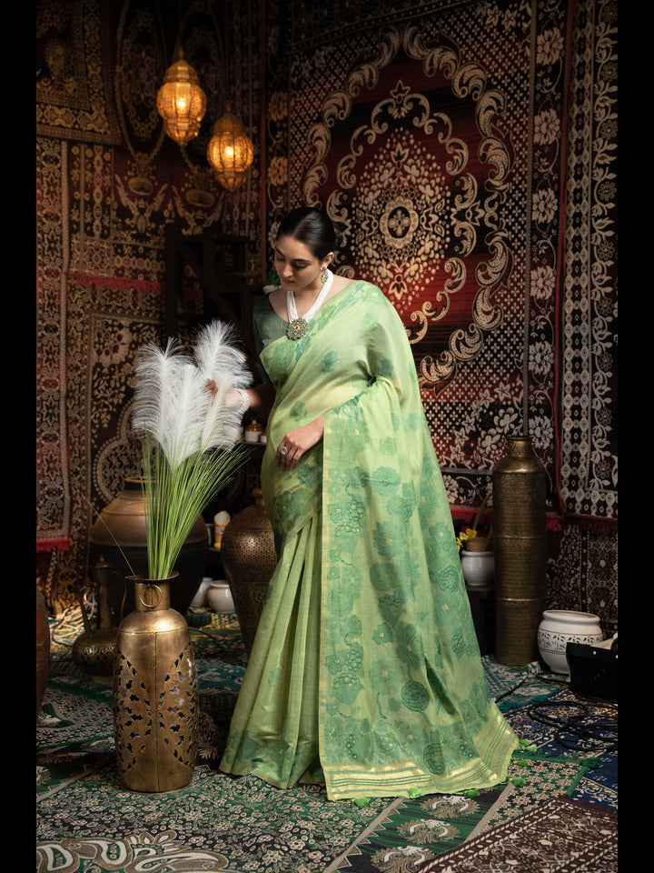 Green Color Jamdani Soft Cotton Saree with unstitched Blouse