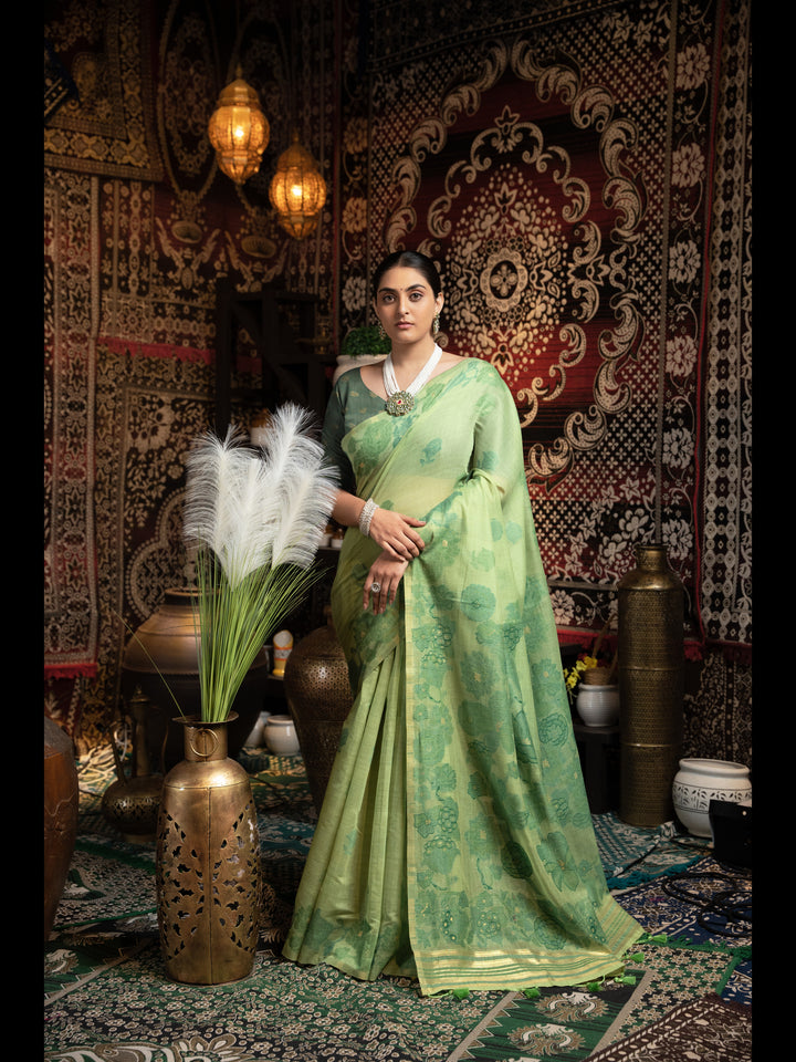 Green Color Jamdani Soft Cotton Saree with unstitched Blouse