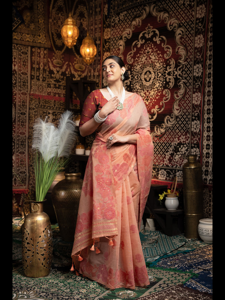 Peach Color Jamdani Soft Cotton Saree with unstitched Blouse