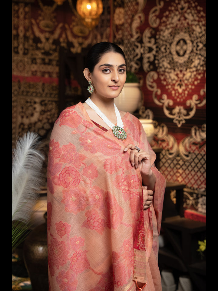 Peach Color Jamdani Soft Cotton Saree with unstitched Blouse