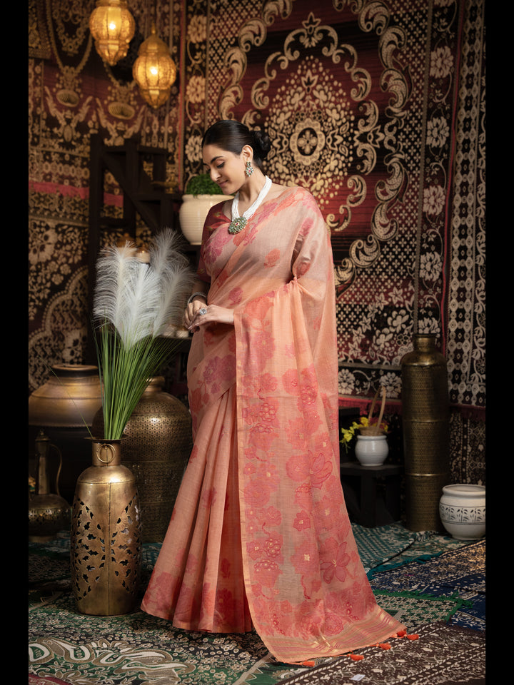 Peach Color Jamdani Soft Cotton Saree with unstitched Blouse