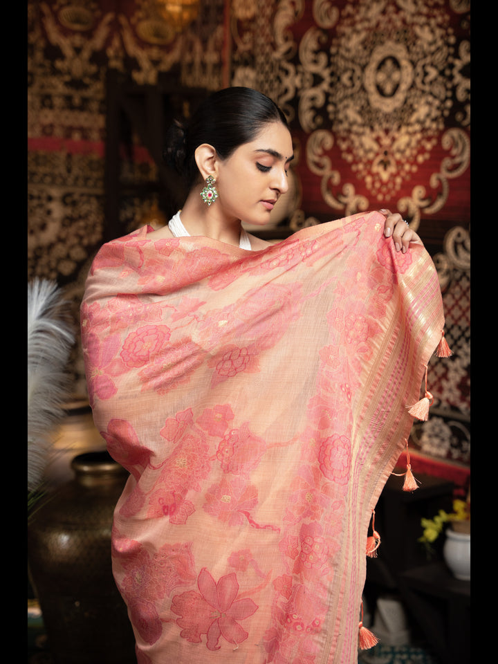Peach Color Jamdani Soft Cotton Saree with unstitched Blouse