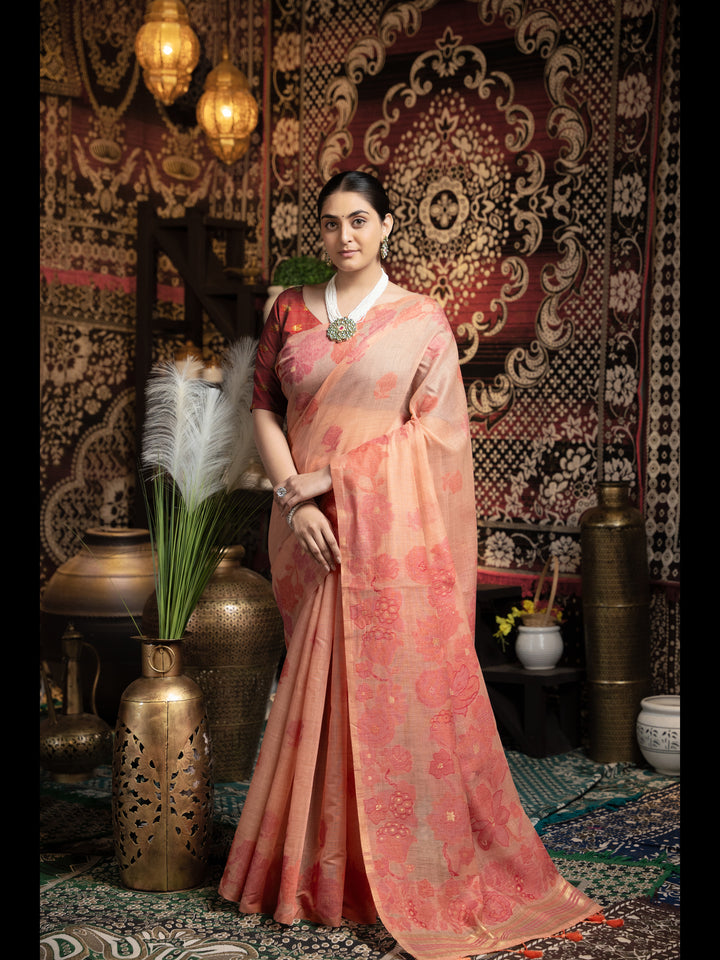 Peach Color Jamdani Soft Cotton Saree with unstitched Blouse