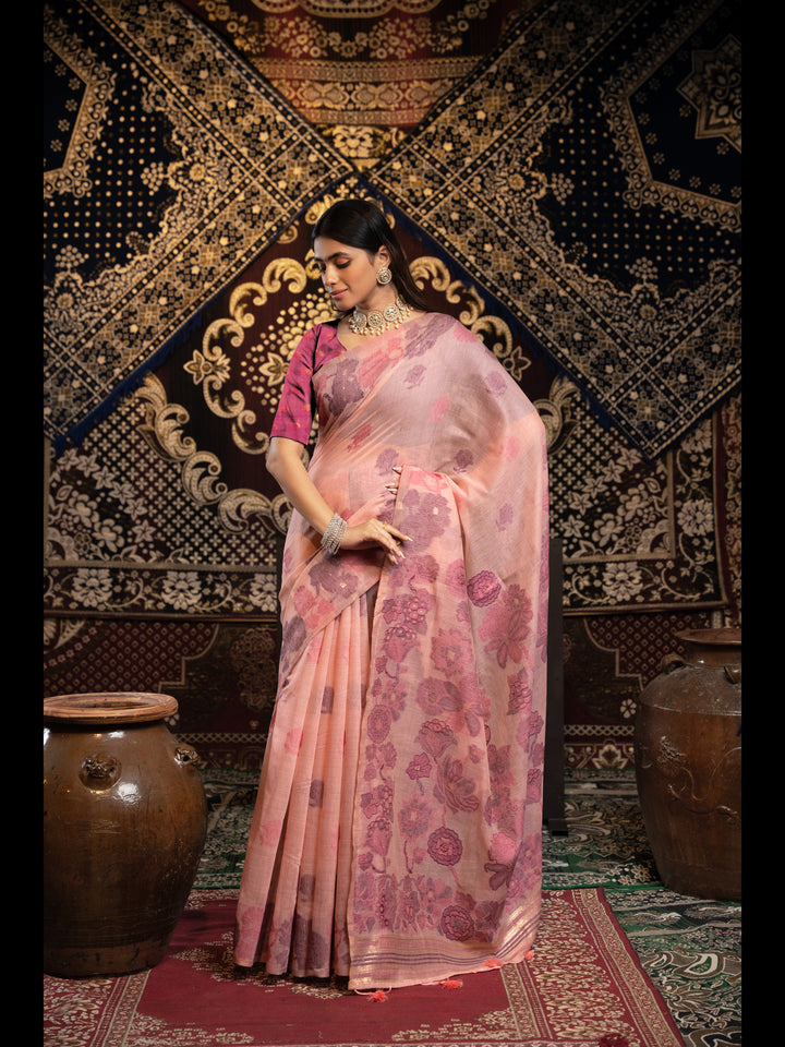 Pink Color Jamdani Soft Cotton Saree with unstitched Blouse