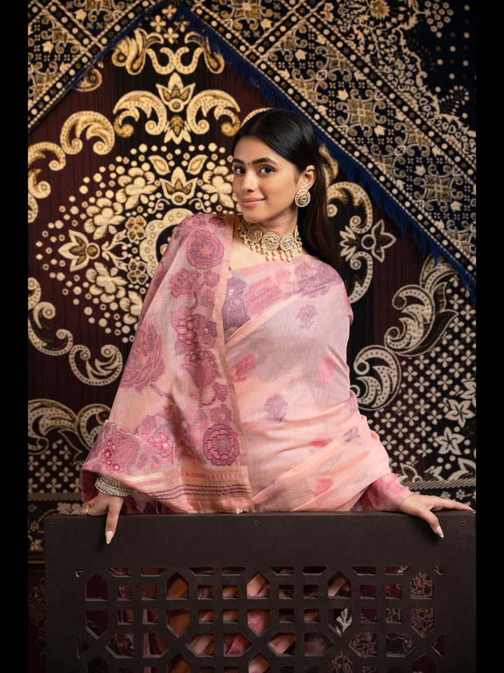Pink Color Jamdani Soft Cotton Saree with unstitched Blouse