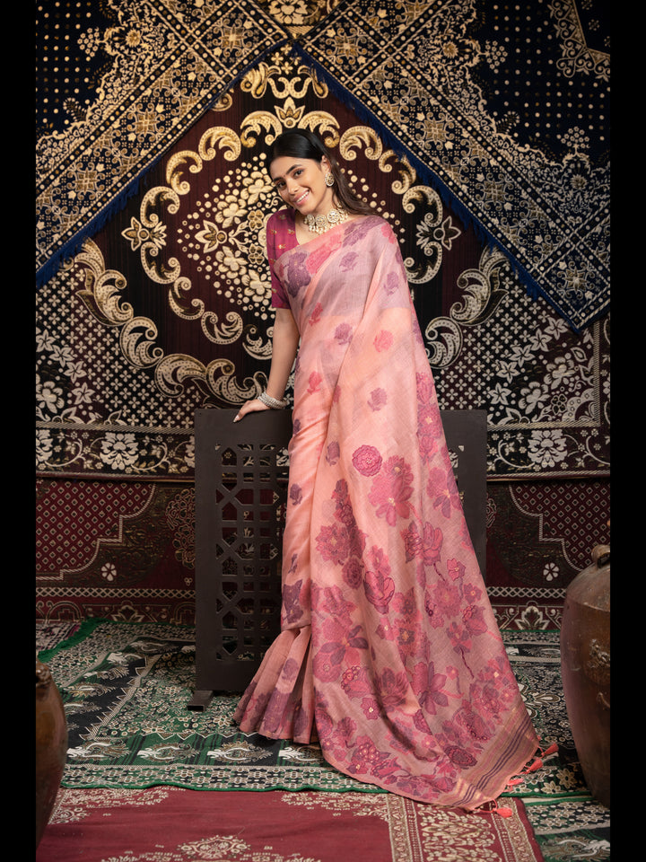 Pink Color Jamdani Soft Cotton Saree with unstitched Blouse
