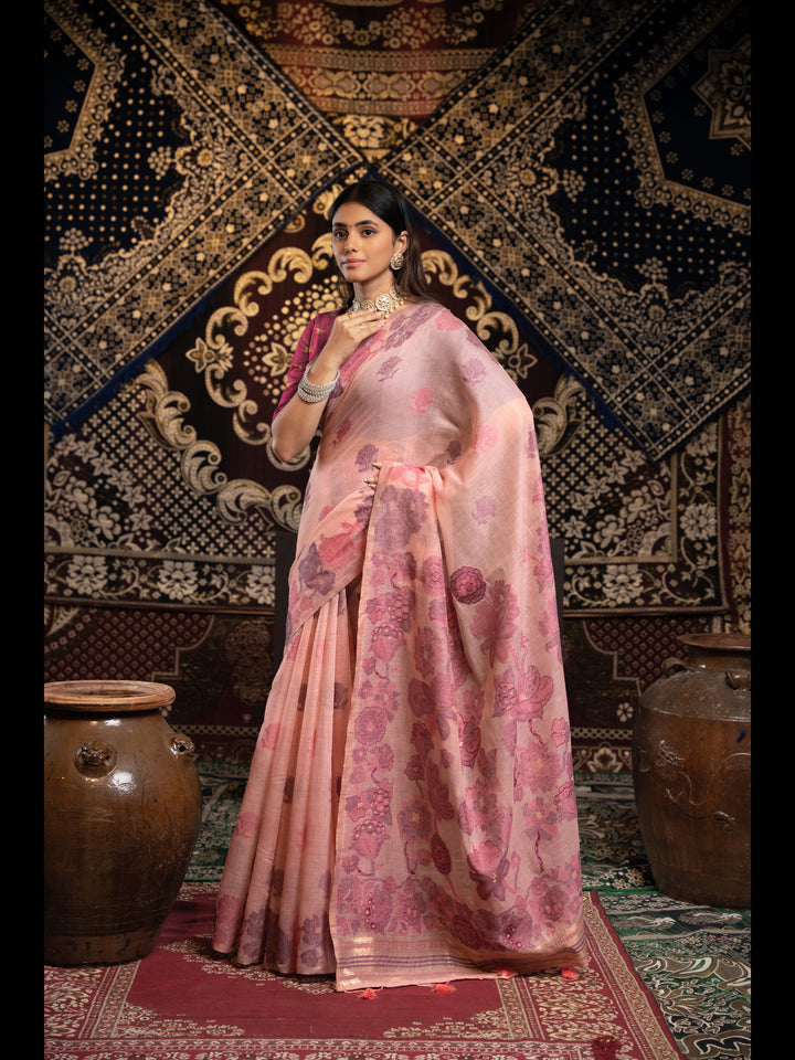 Pink Color Jamdani Soft Cotton Saree with unstitched Blouse