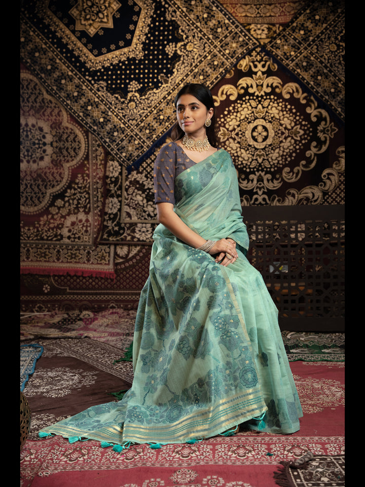 Sky Color Jamdani Soft Cotton Saree with unstitched Blouse