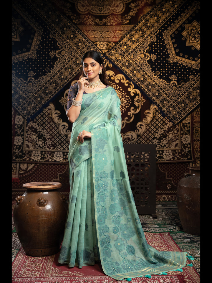 Sky Color Jamdani Soft Cotton Saree with unstitched Blouse