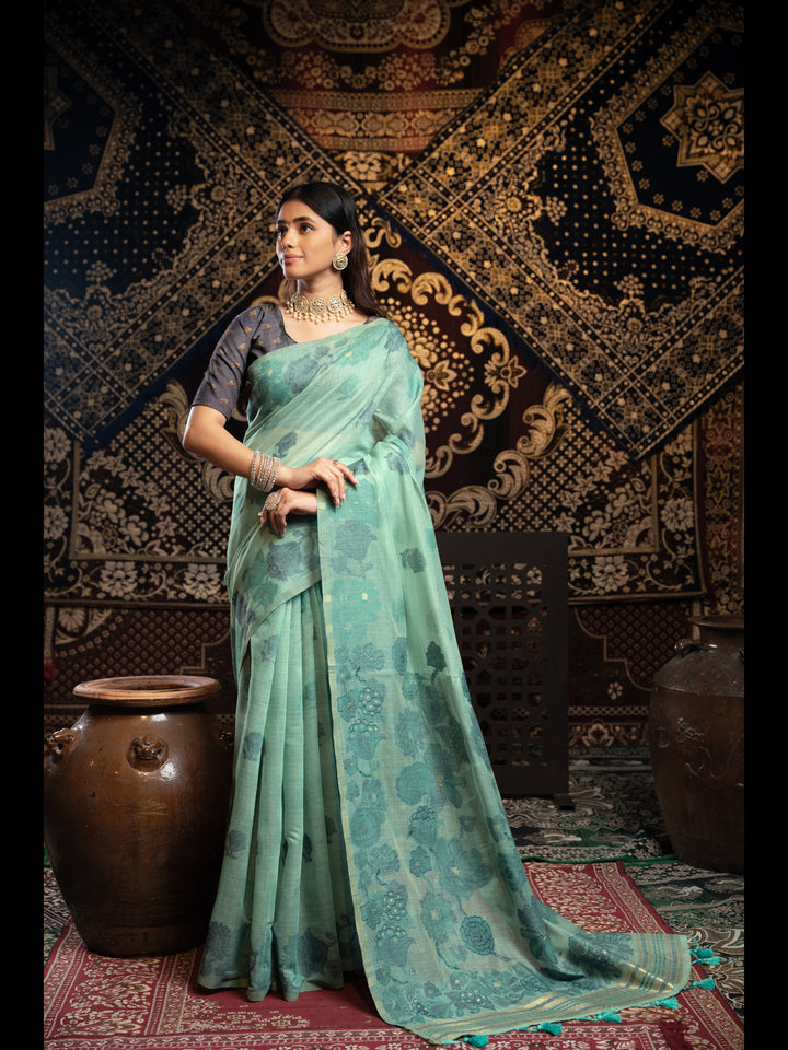 Sky Color Jamdani Soft Cotton Saree with unstitched Blouse