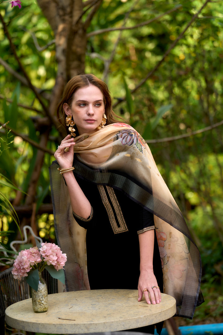 Black Color Viscose Rayon embroidery Kurti with Pant And Dupatta Sets