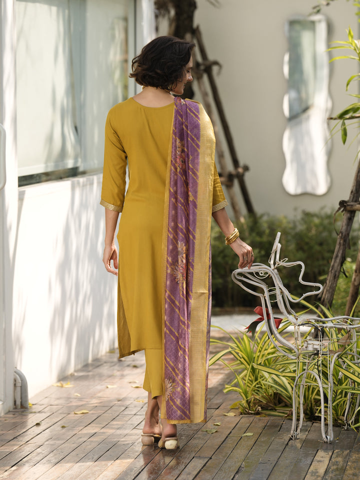 Yellow Color Viscose Rayon embroidery Kurti with Pant And Dupatta Sets