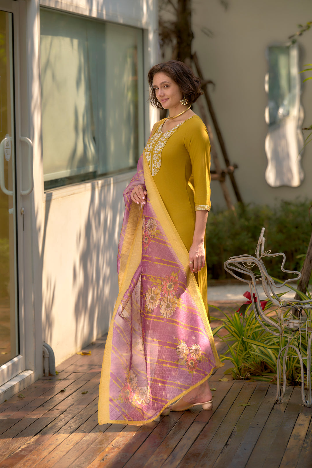 Yellow Color Viscose Rayon embroidery Kurti with Pant And Dupatta Sets