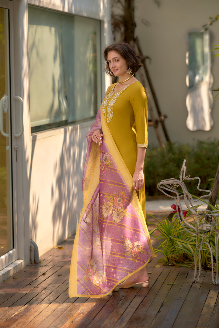Yellow Color Viscose Rayon embroidery Kurti with Pant And Dupatta Sets