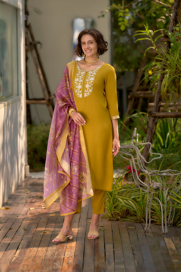 Yellow Color Viscose Rayon embroidery Kurti with Pant And Dupatta Sets