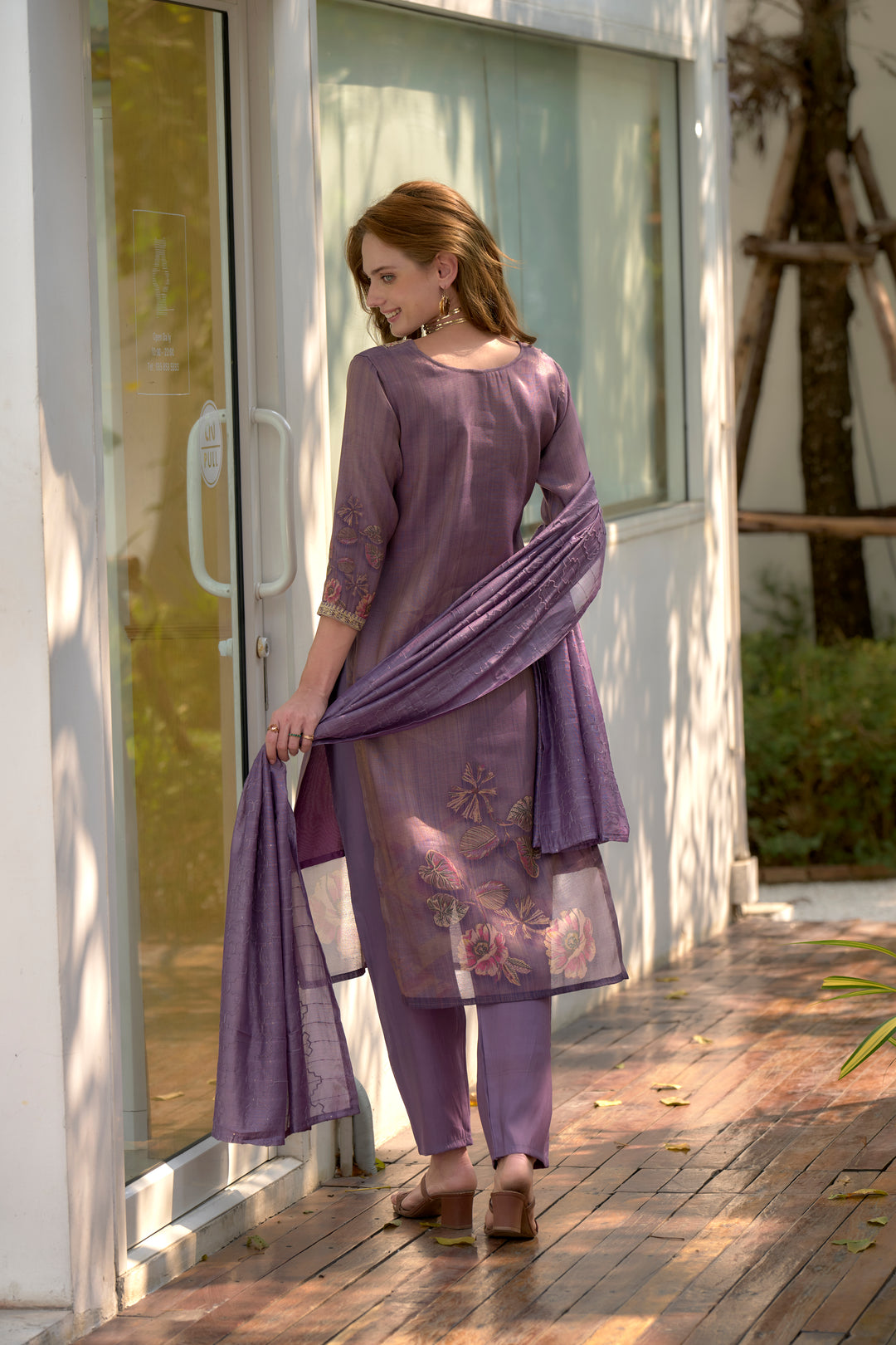 Purple Color Tissue with floral print and embroidery Kurti with Pant And Dupatta Sets