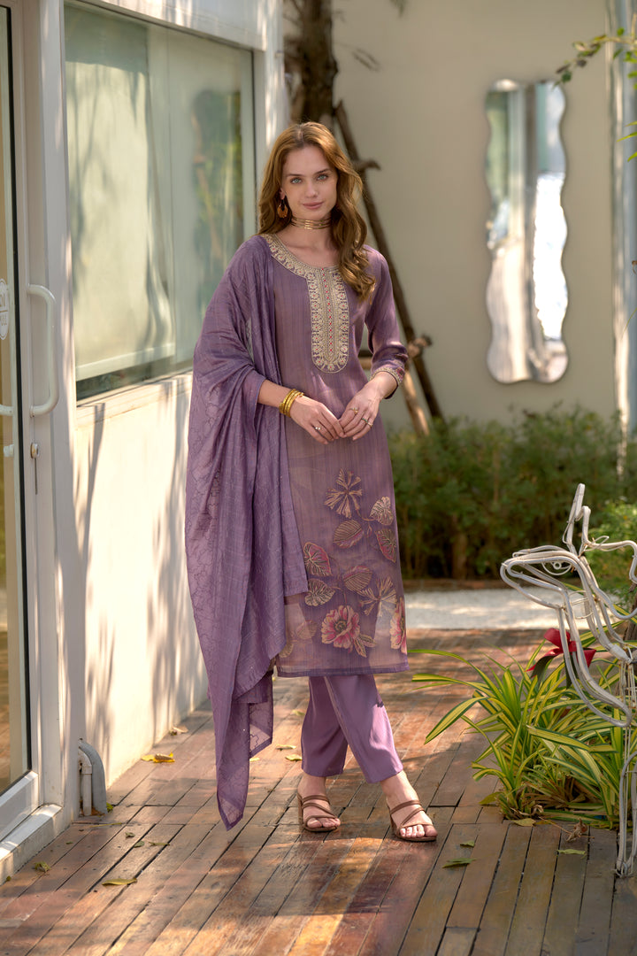 Purple Color Tissue with floral print and embroidery Kurti with Pant And Dupatta Sets