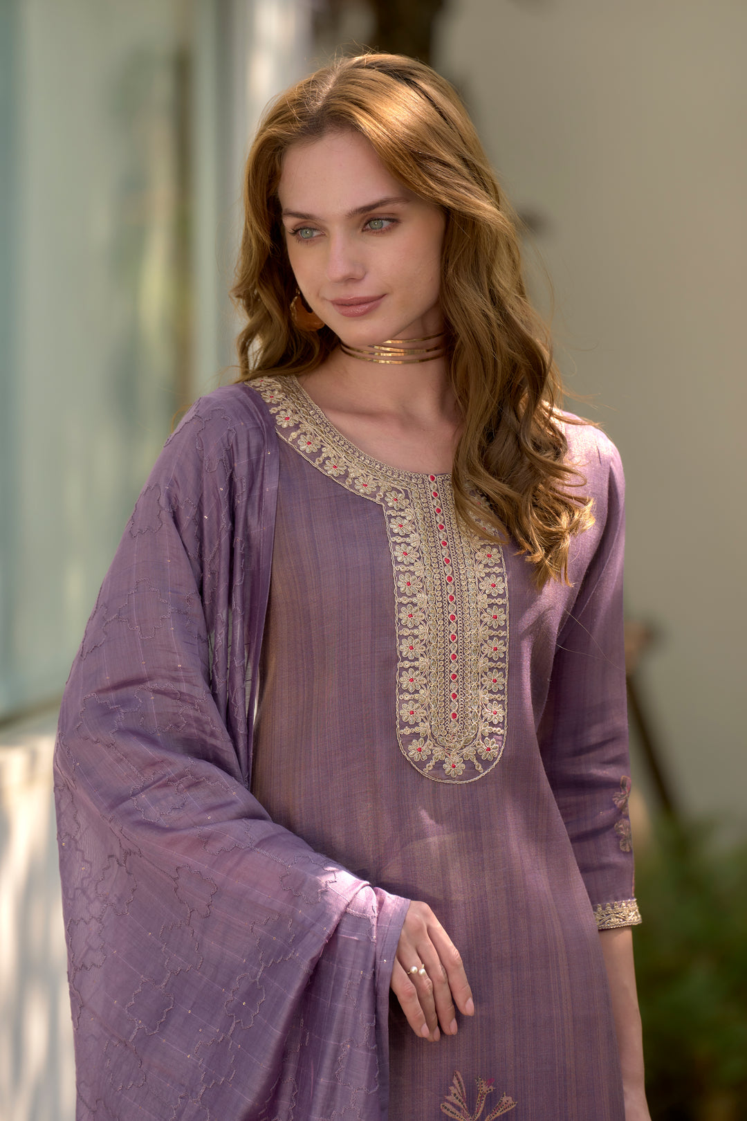 Purple Color Tissue with floral print and embroidery Kurti with Pant And Dupatta Sets