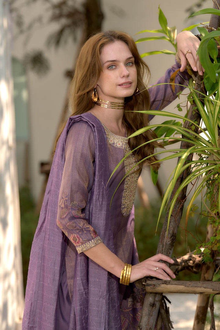 Purple Color Tissue with floral print and embroidery Kurti with Pant And Dupatta Sets