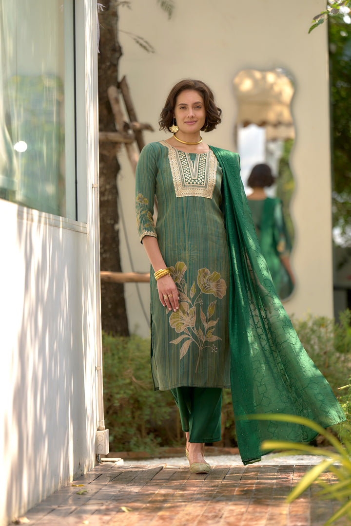 Green Color Tissue with floral print and embroidery Kurti with Pant And Dupatta Sets