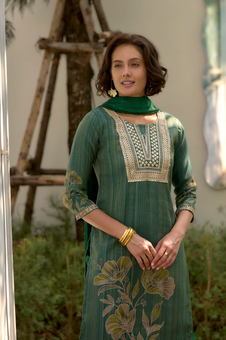 Green Color Tissue with floral print and embroidery Kurti with Pant And Dupatta Sets
