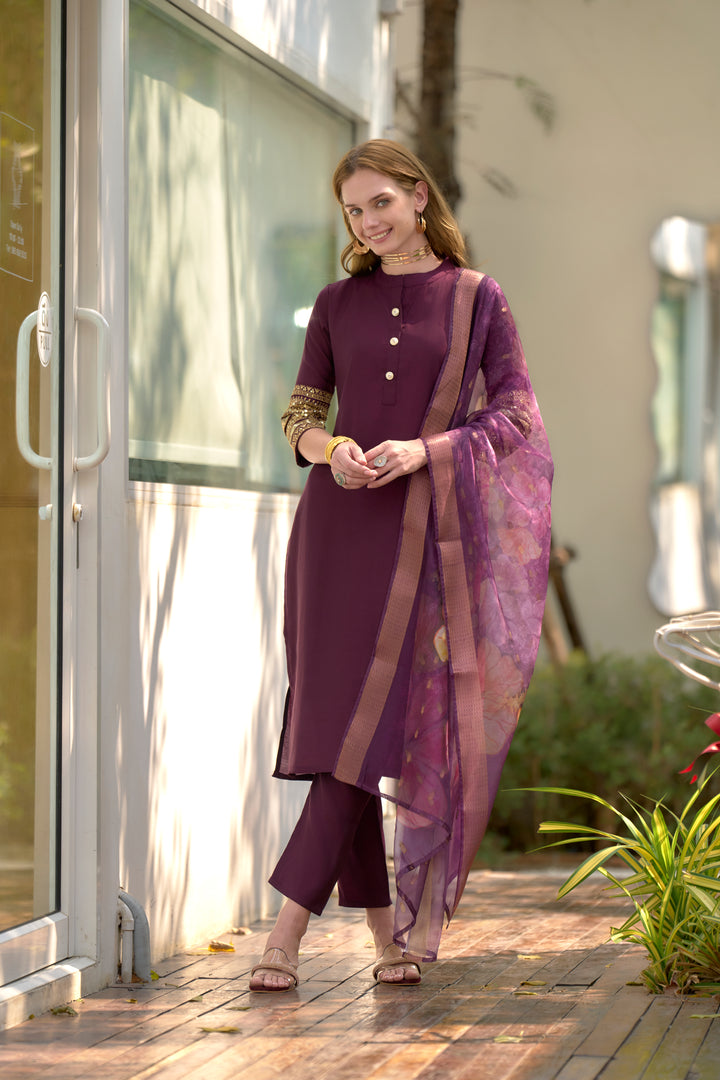 Wine Color Roman embroidery Kurti with Pant And Dupatta Sets