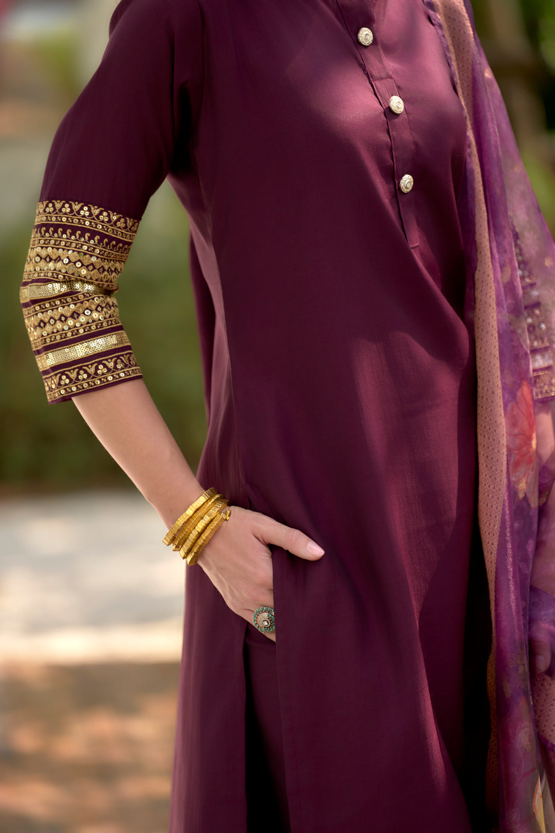 Wine Color Roman embroidery Kurti with Pant And Dupatta Sets