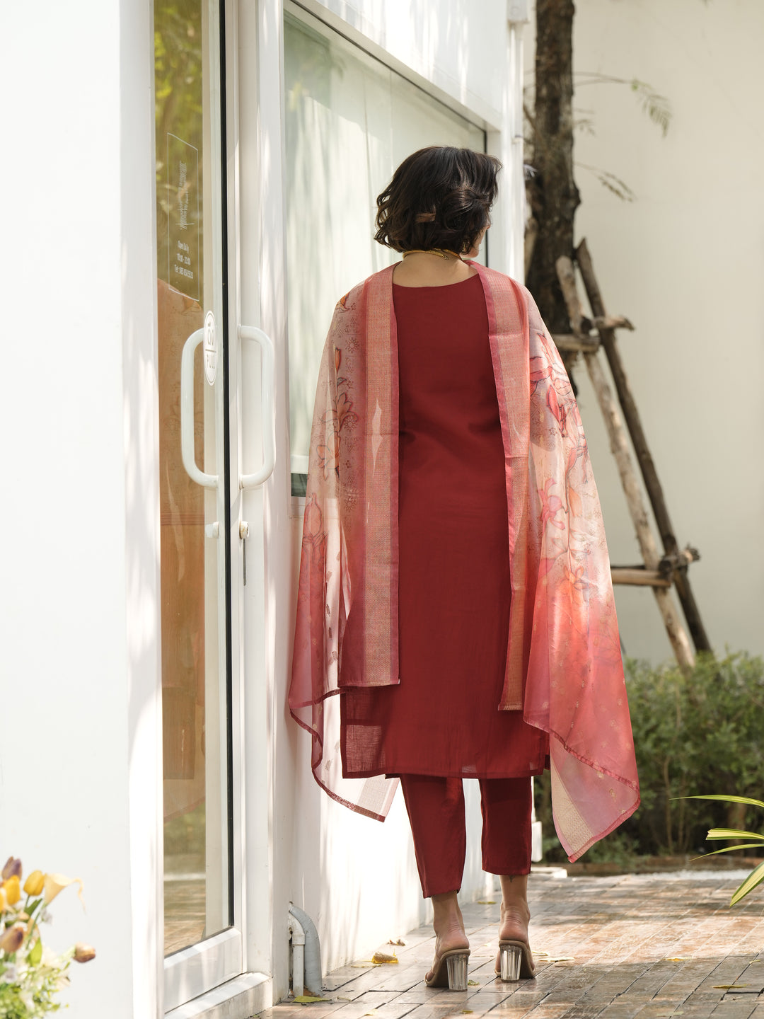 Red Color Roman Silk embroidery Kurti with Pant And Dupatta Sets