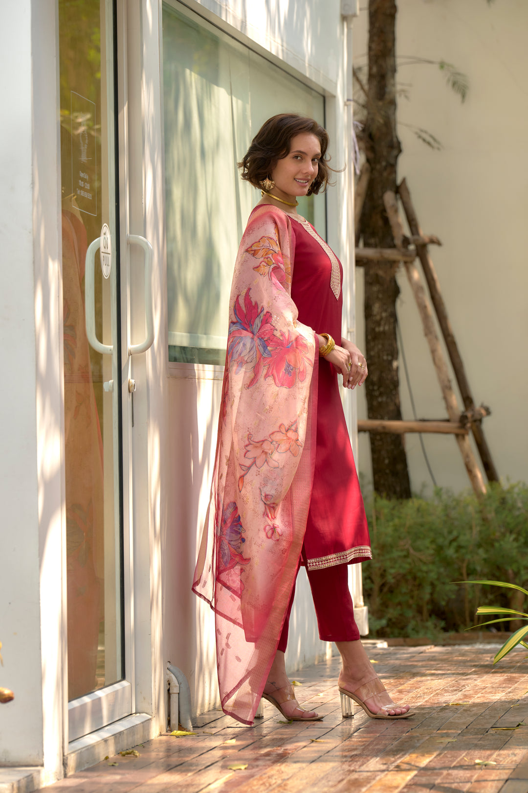 Red Color Roman Silk embroidery Kurti with Pant And Dupatta Sets