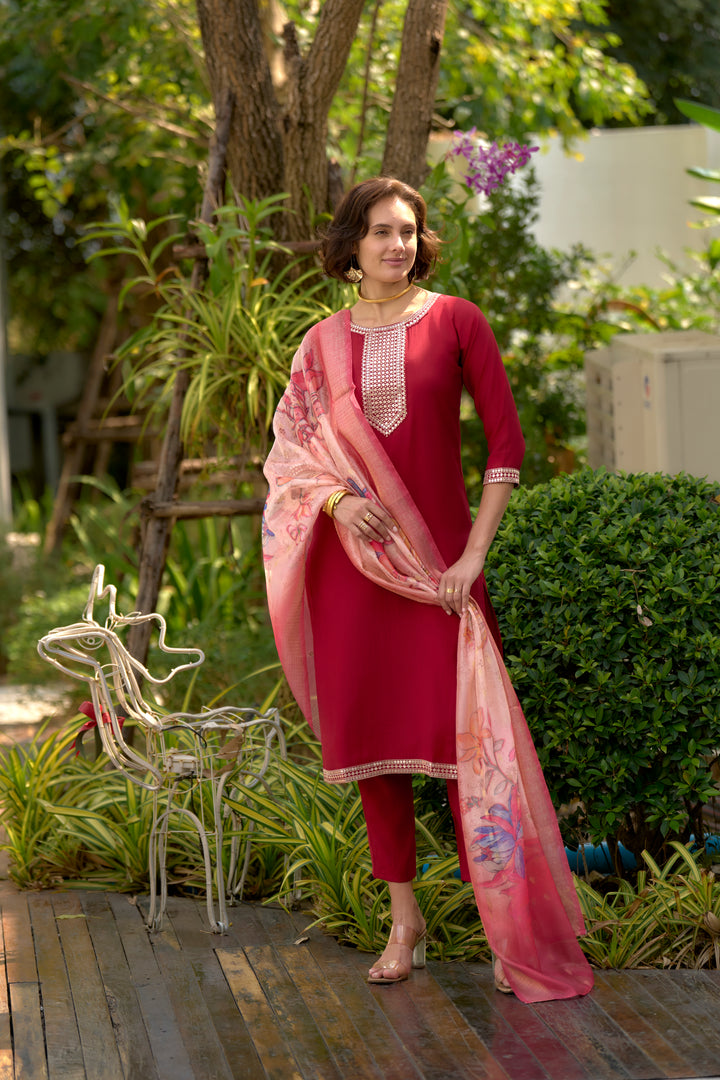 Red Color Roman Silk embroidery Kurti with Pant And Dupatta Sets