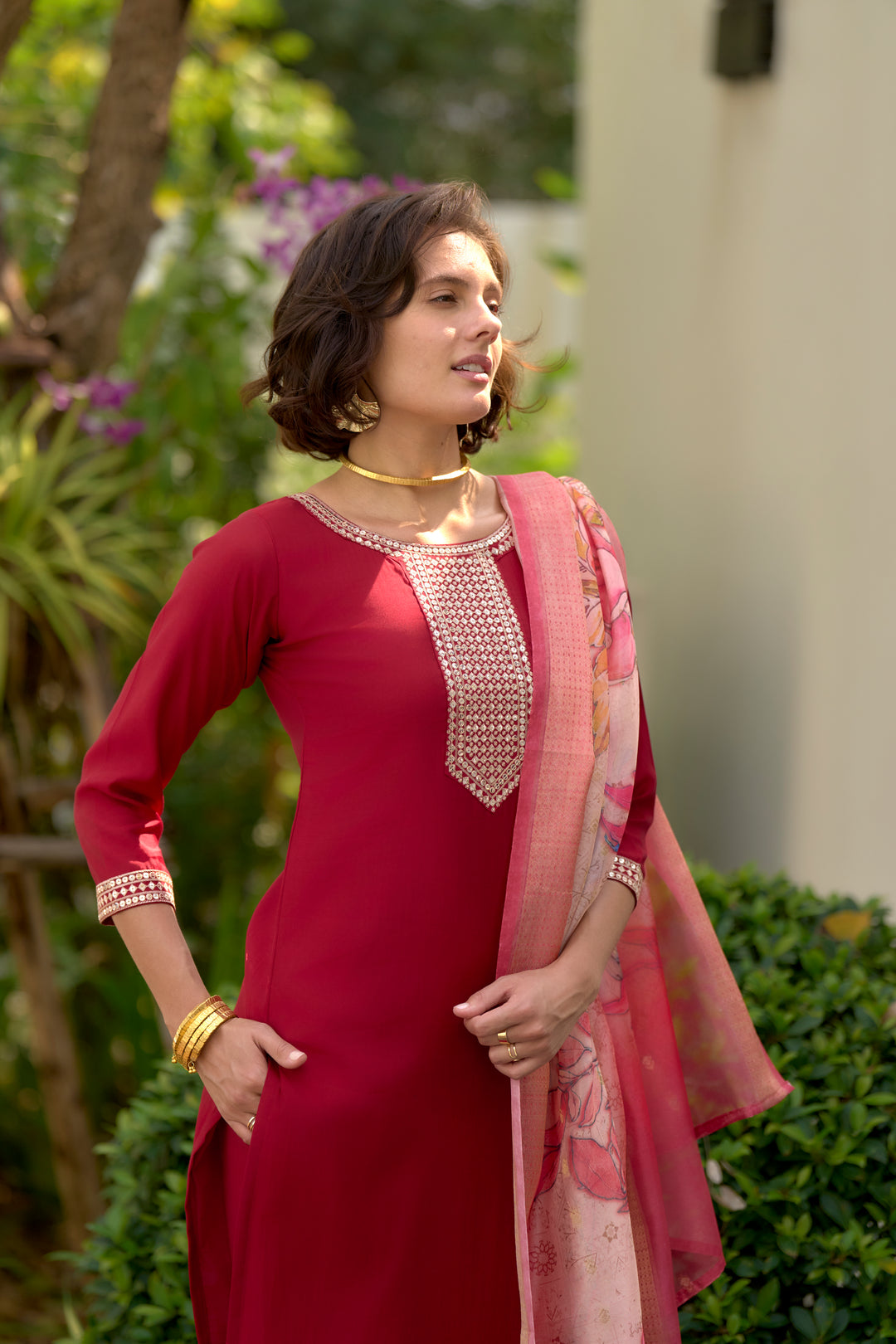 Red Color Roman Silk embroidery Kurti with Pant And Dupatta Sets