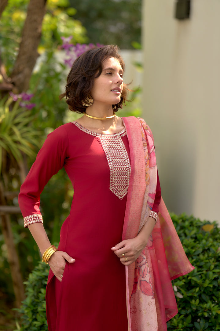 Red Color Roman Silk embroidery Kurti with Pant And Dupatta Sets