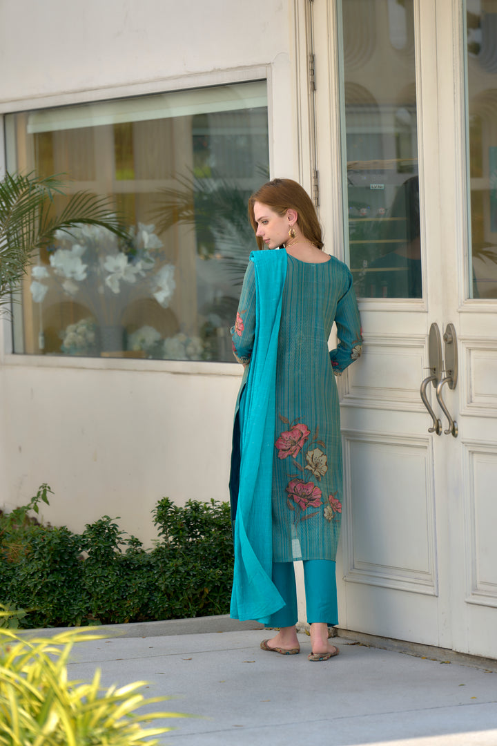 Sky Blue Color Tissue with floral print and embroidery Kurti with Pant And Dupatta Sets