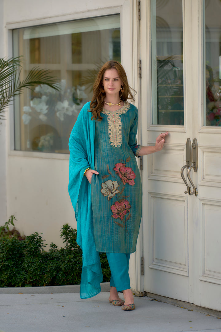 Sky Blue Color Tissue with floral print and embroidery Kurti with Pant And Dupatta Sets