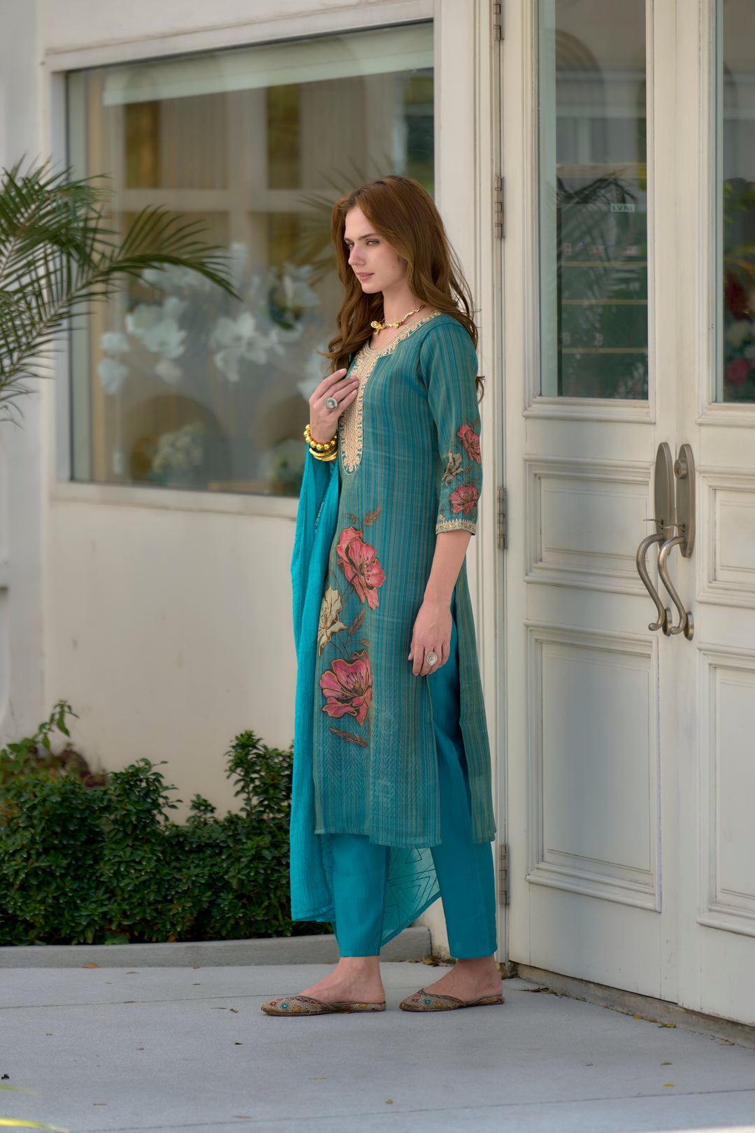 Sky Blue Color Tissue with floral print and embroidery Kurti with Pant And Dupatta Sets