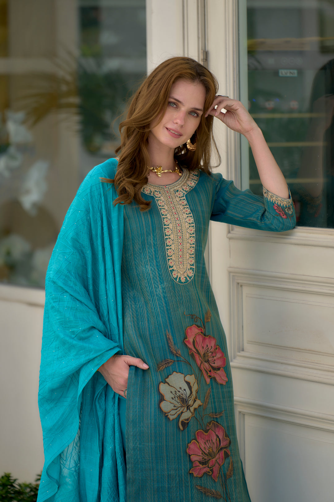Sky Blue Color Tissue with floral print and embroidery Kurti with Pant And Dupatta Sets