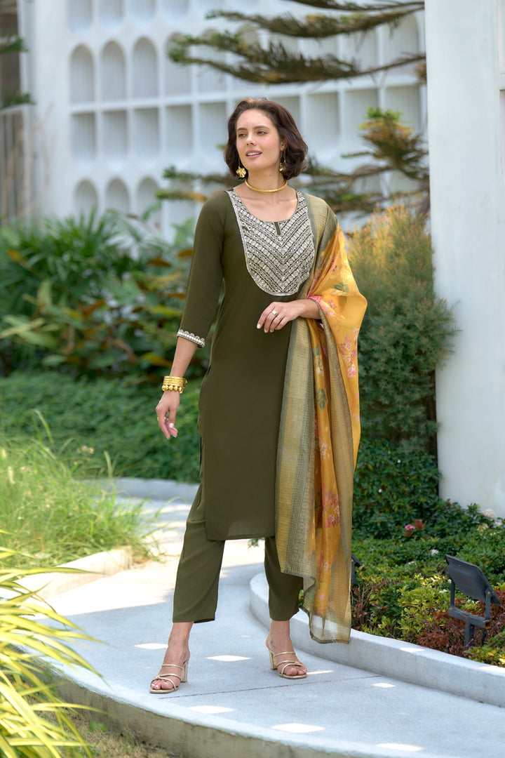 Green Color Viscose Rayon embroidery Kurti with Pant And Dupatta Sets