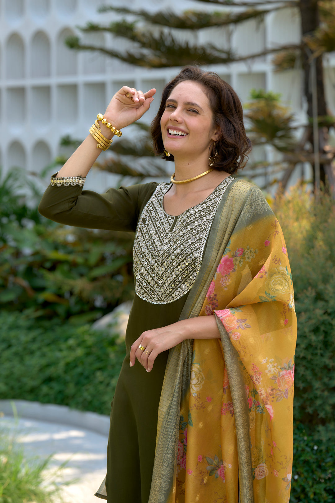 Green Color Viscose Rayon embroidery Kurti with Pant And Dupatta Sets