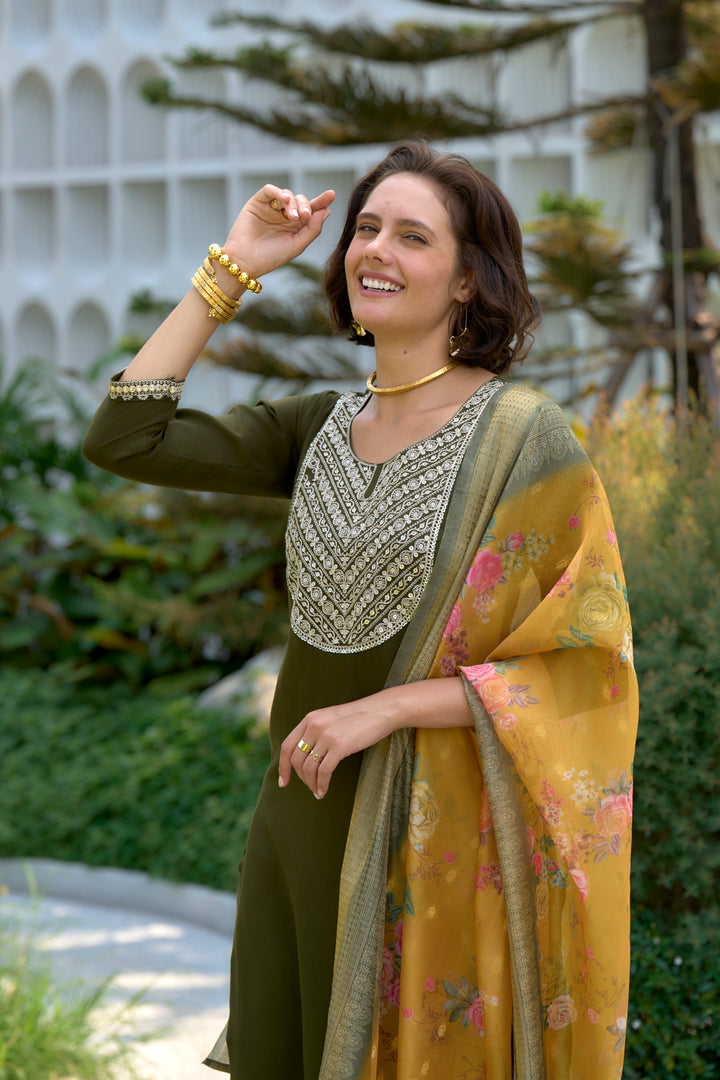 Green Color Viscose Rayon embroidery Kurti with Pant And Dupatta Sets
