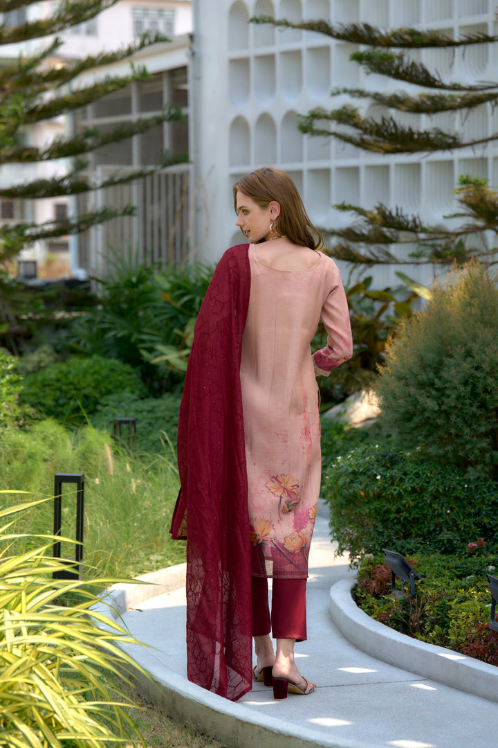 Peach Color Tissue with floral print and embroidery Kurti with Pant And Dupatta Sets