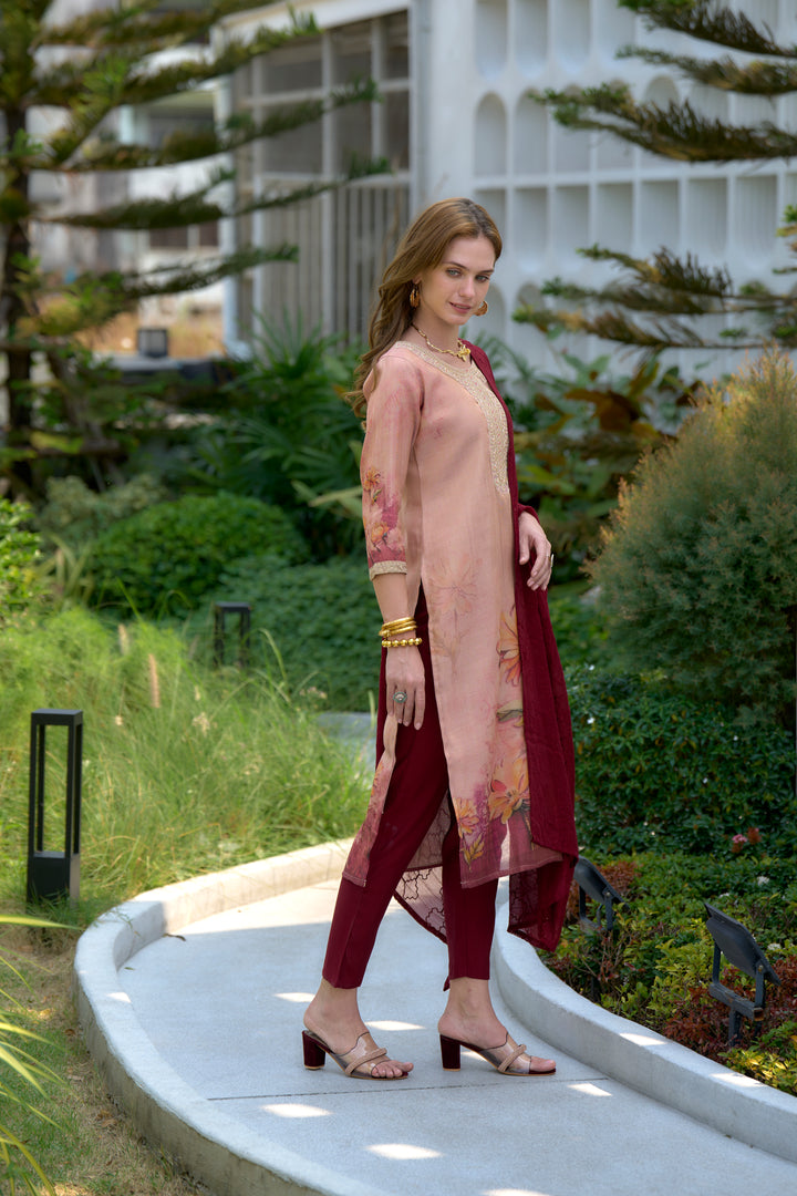 Peach Color Tissue with floral print and embroidery Kurti with Pant And Dupatta Sets