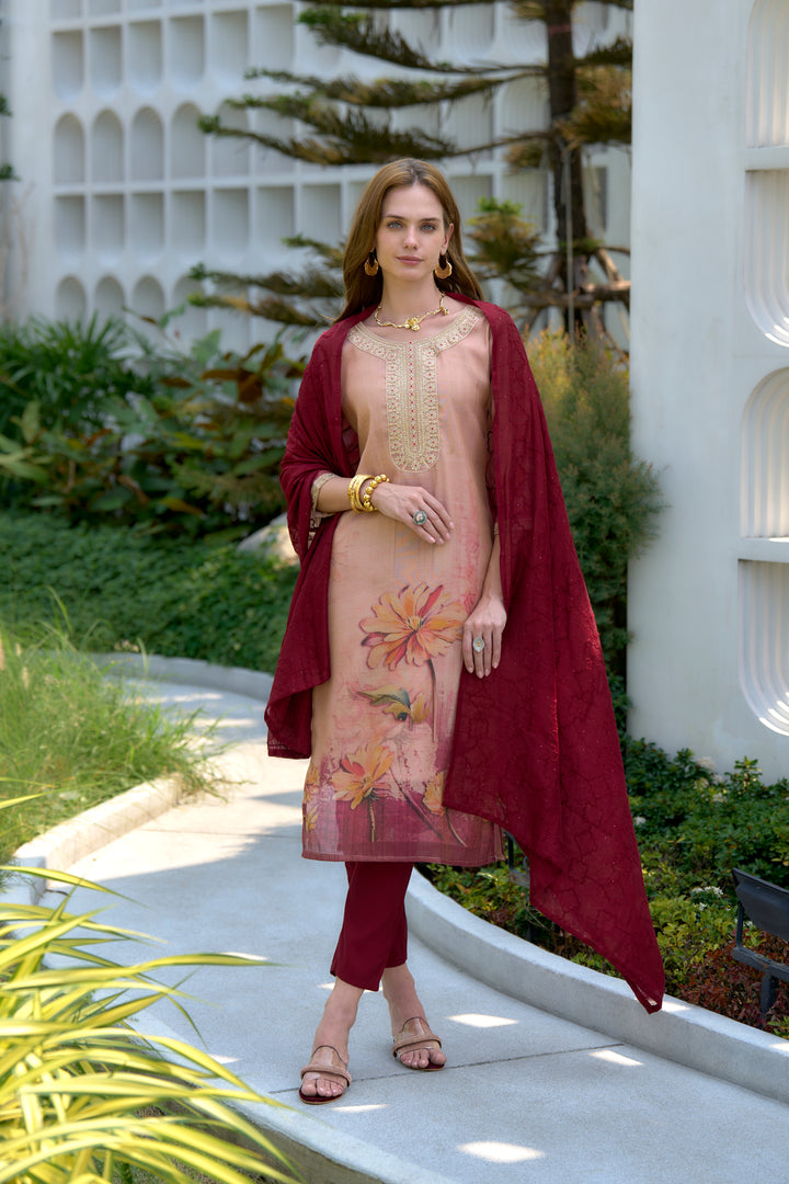 Peach Color Tissue with floral print and embroidery Kurti with Pant And Dupatta Sets