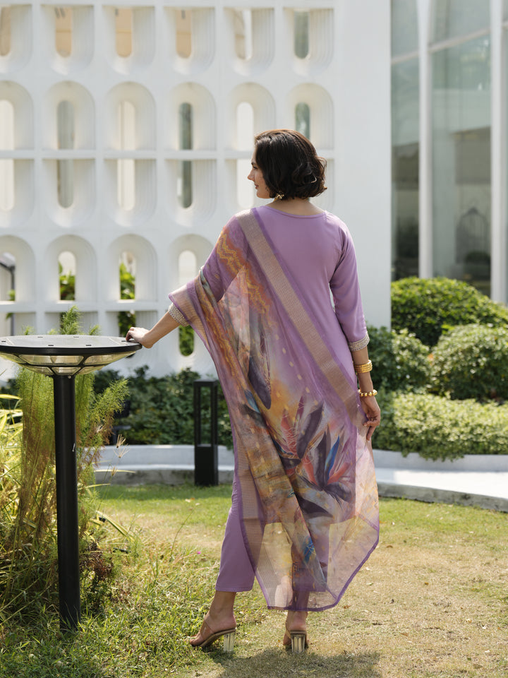 Purple Color Viscose Rayon embroidery Kurti with Pant And Dupatta Sets