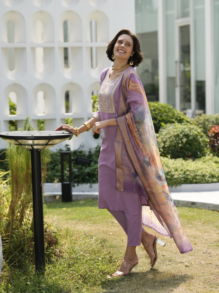 Purple Color Viscose Rayon embroidery Kurti with Pant And Dupatta Sets