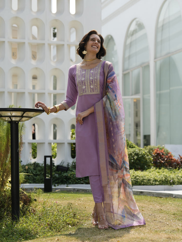 Purple Color Viscose Rayon embroidery Kurti with Pant And Dupatta Sets